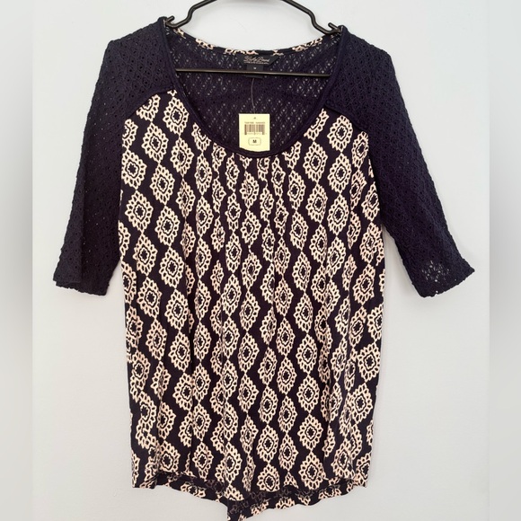 Lucky Brand Tops - NWT Lucky Brand Mixed Media Top Crochet Detail Navy Blue White Size Medium Boho